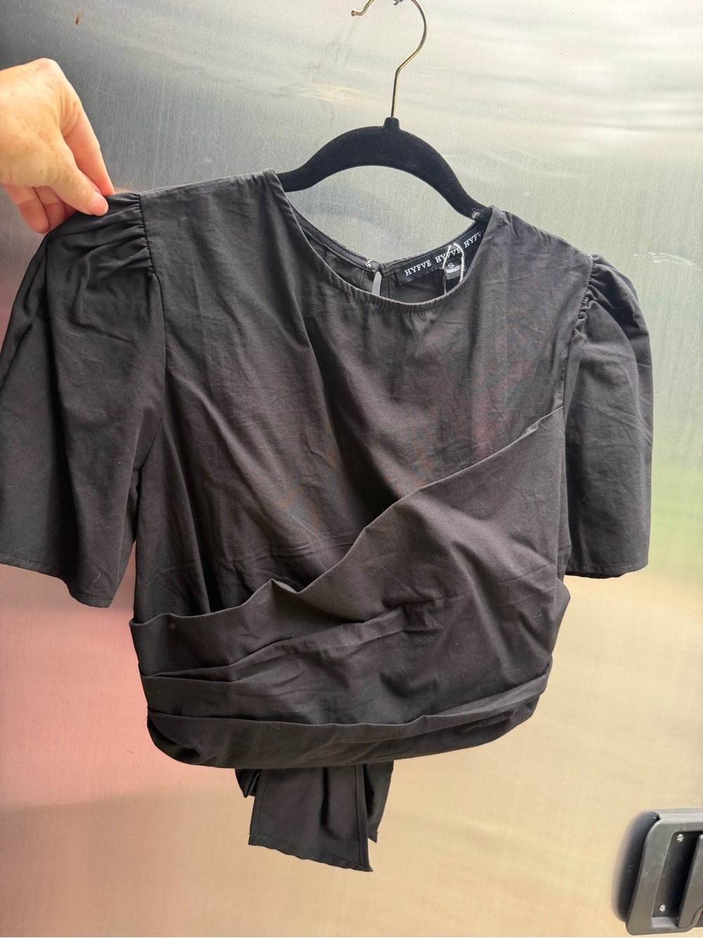 HYFVE black Puff Sleeve Wrap-Front tie back Top NWT small